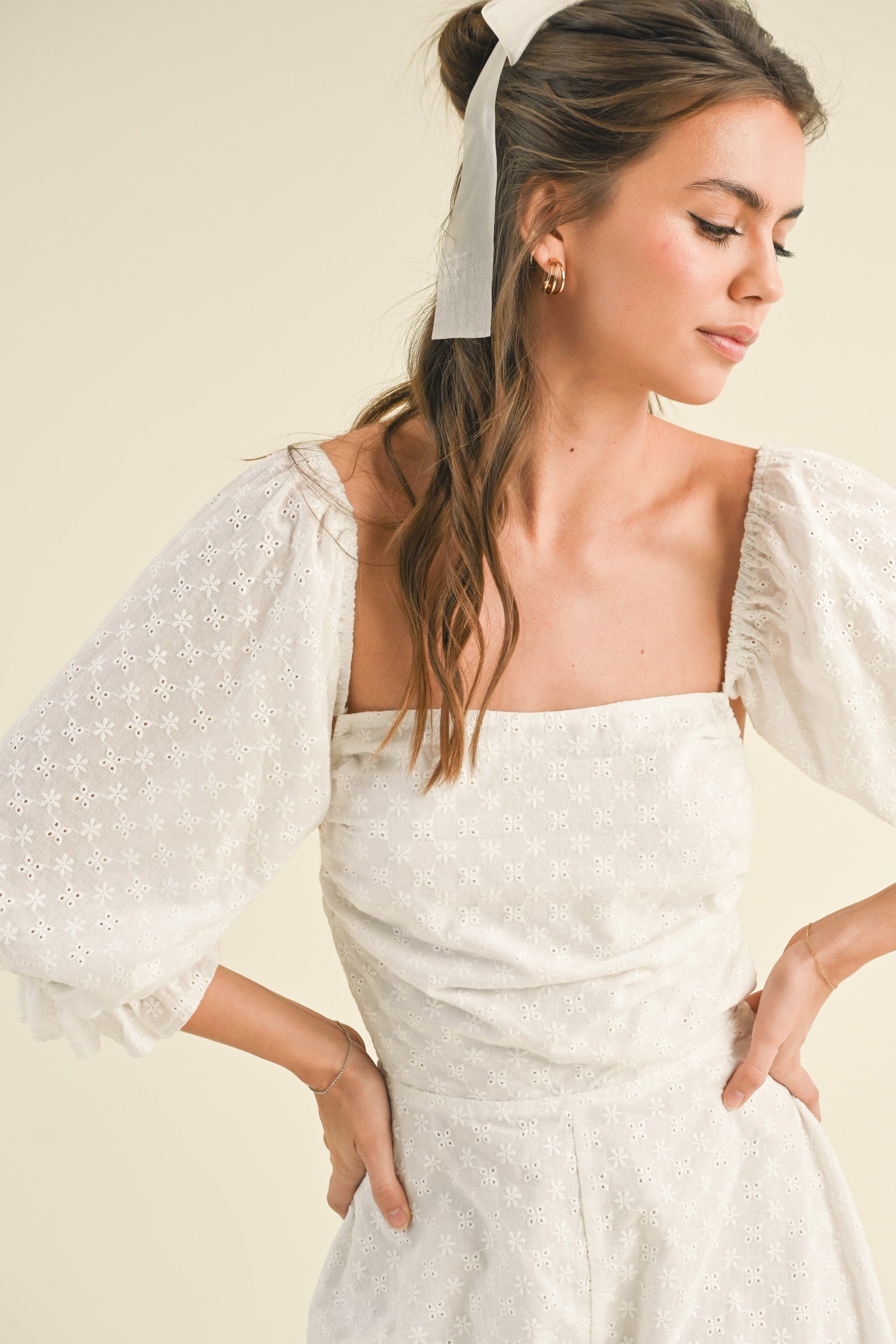 White Bubble Sleeve Eyelet Romper with Open Back | Collective Request 
