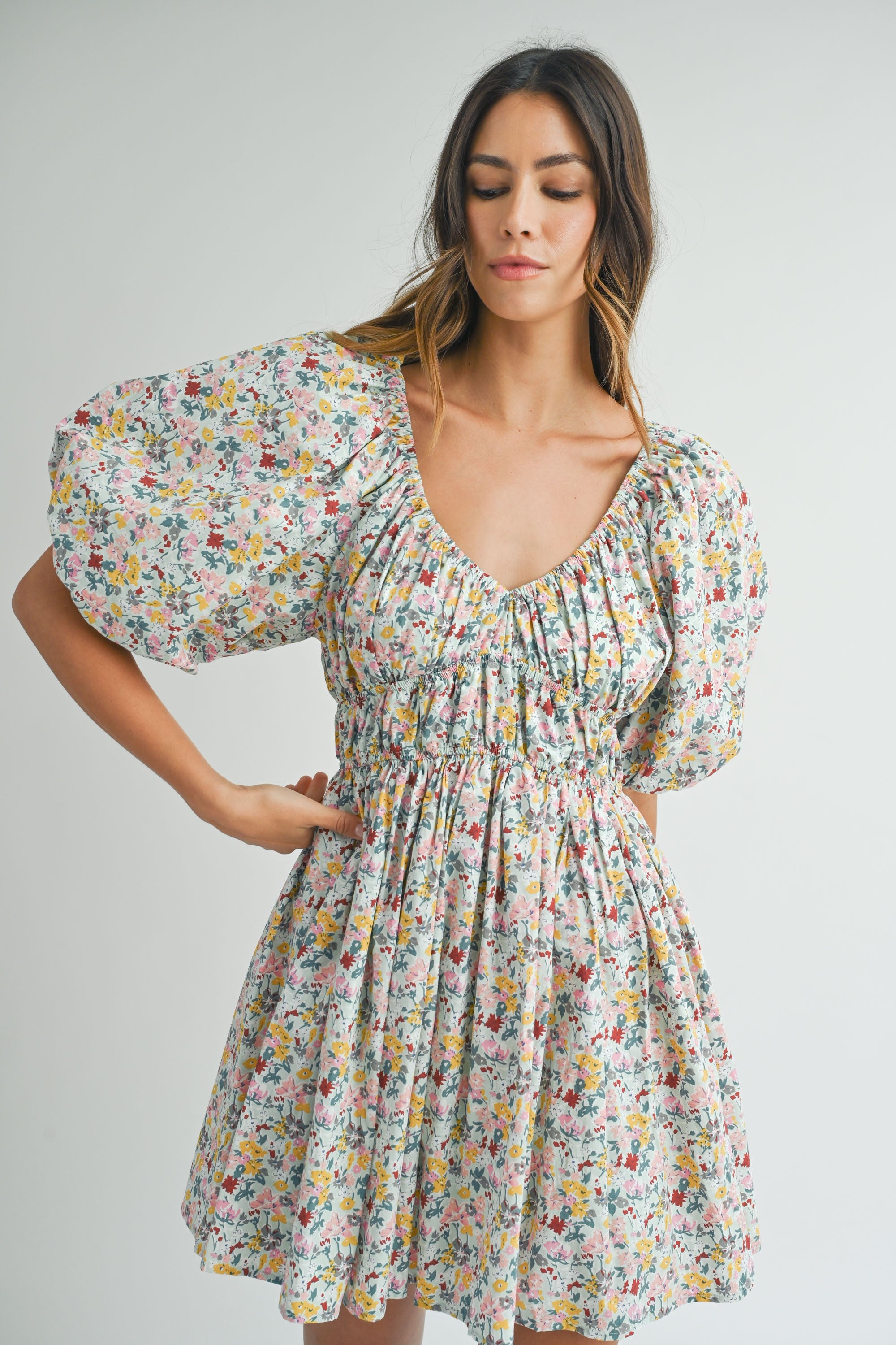 Floral Print V-Neck Puff Sleeve Mini Dress  | Collective Request 