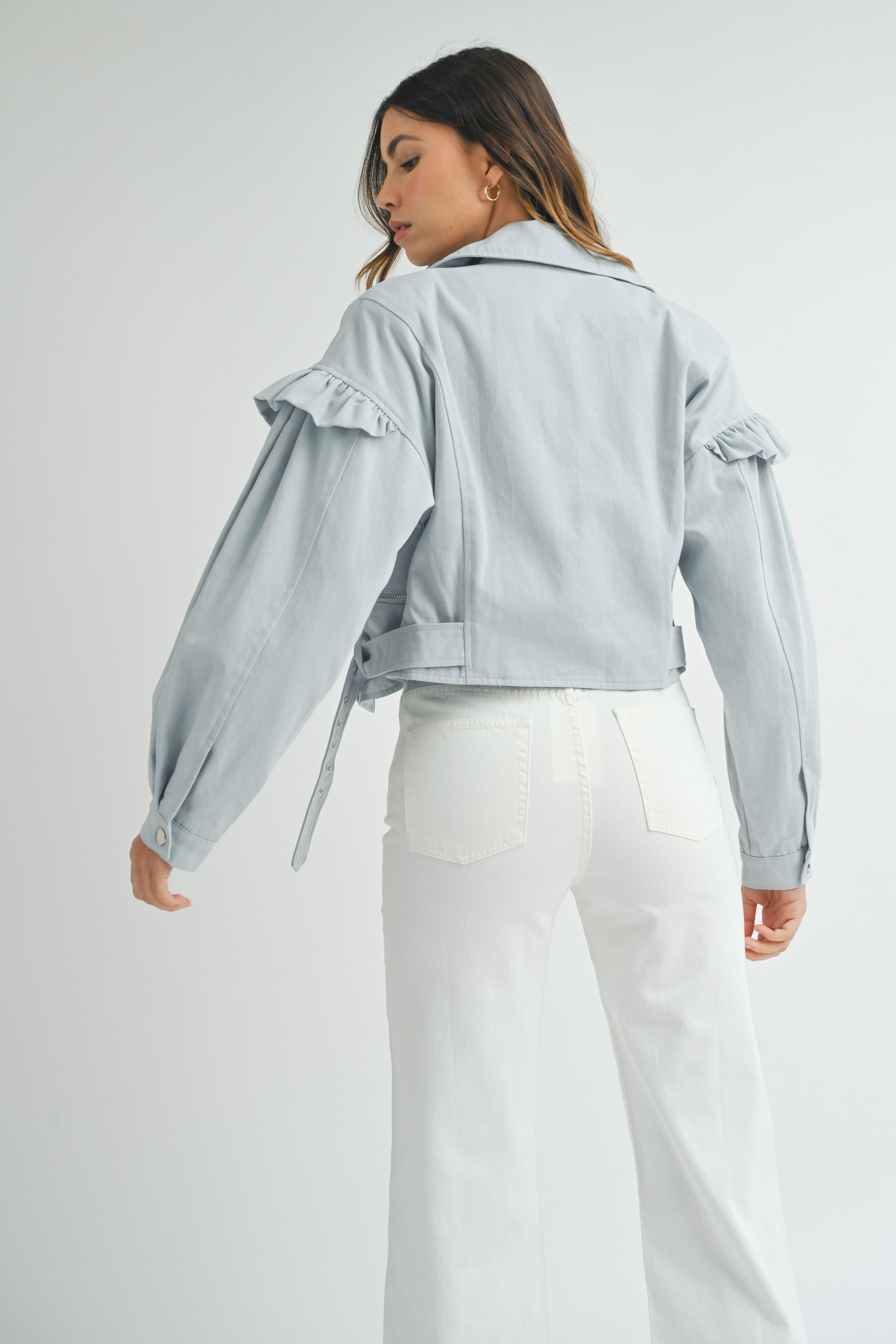 Puff Ruffle Detail Cropped Solid Twill Jacket | Collective Request 