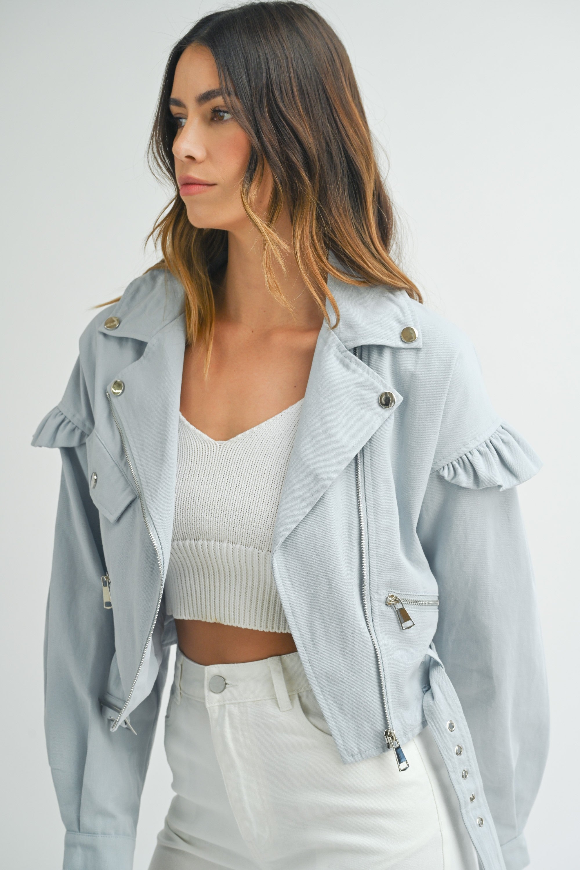 Puff Ruffle Detail Cropped Solid Twill Jacket | Collective Request 