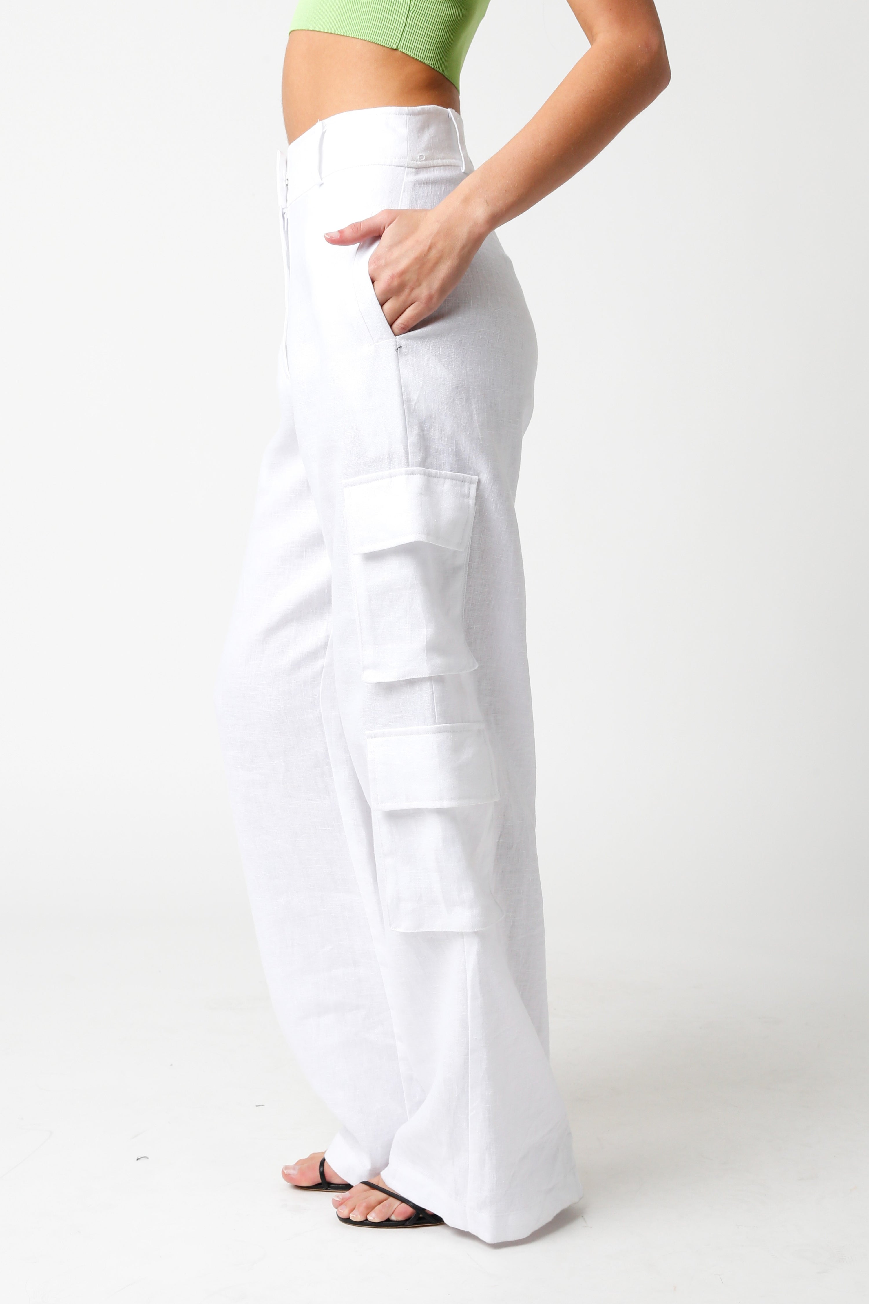 White Tracy Linen Cargo Pants