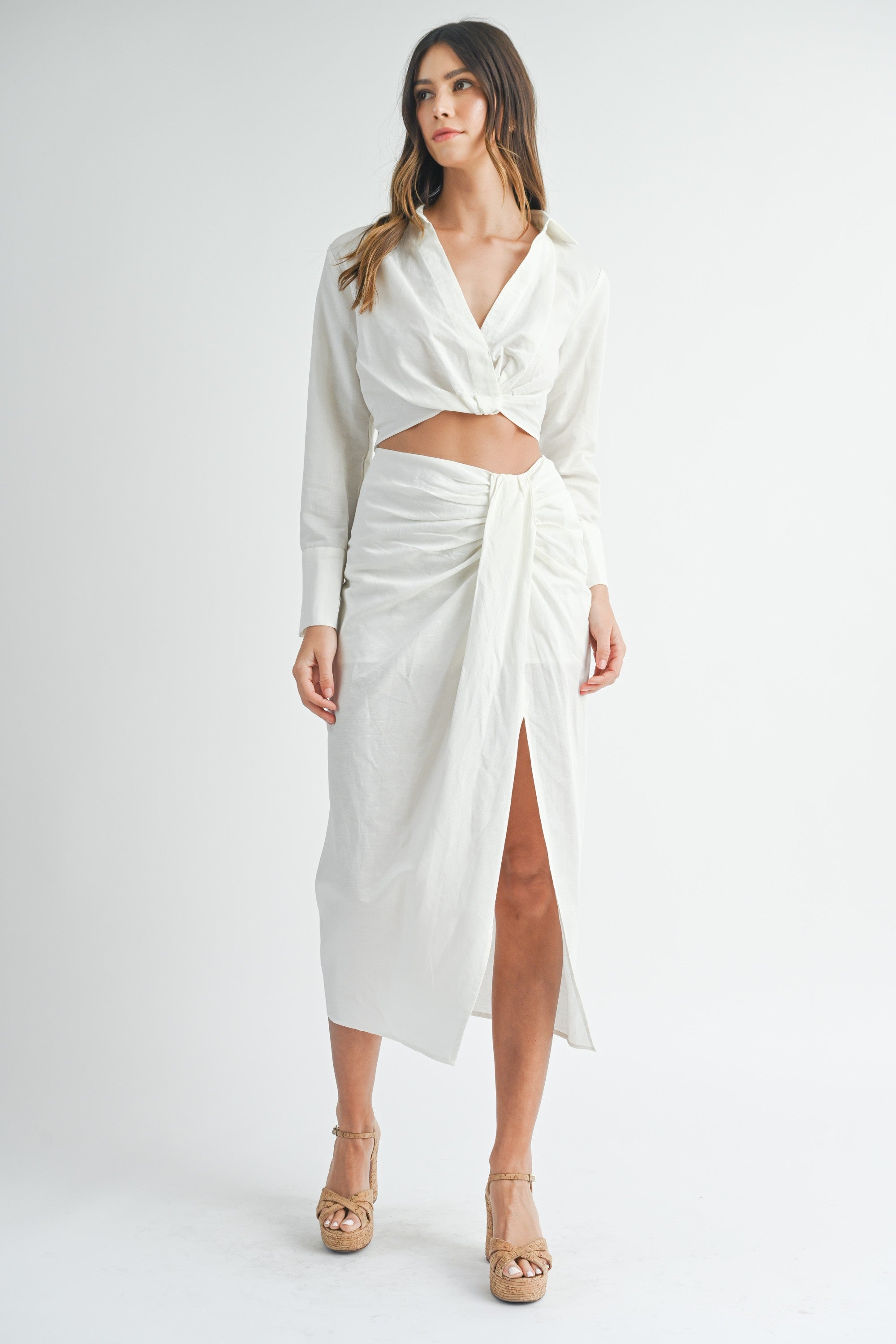 Linen Front Twist Crop Top & Slit Skirt Set  | Collective Request 