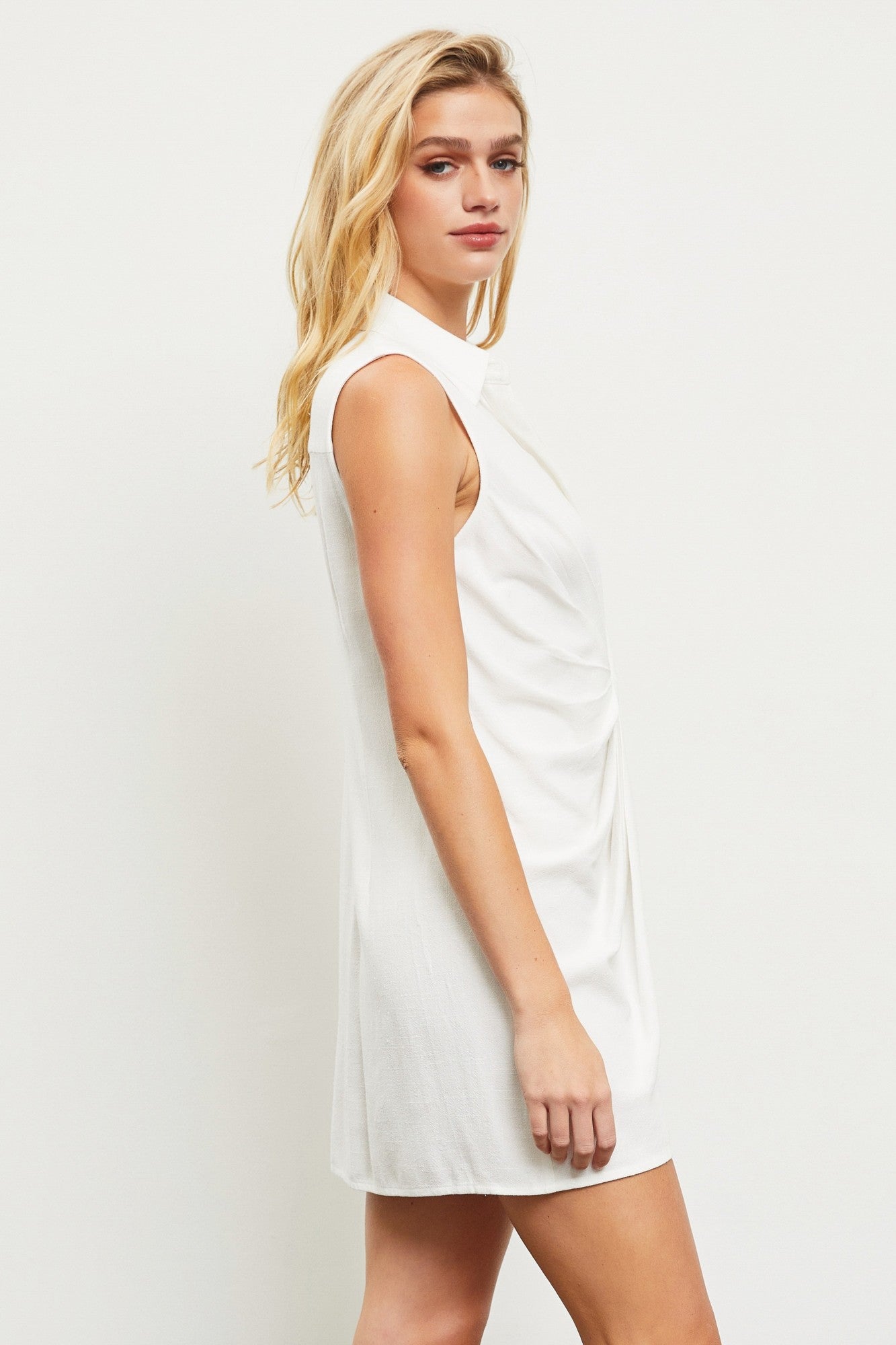White Ruched Collar Dress