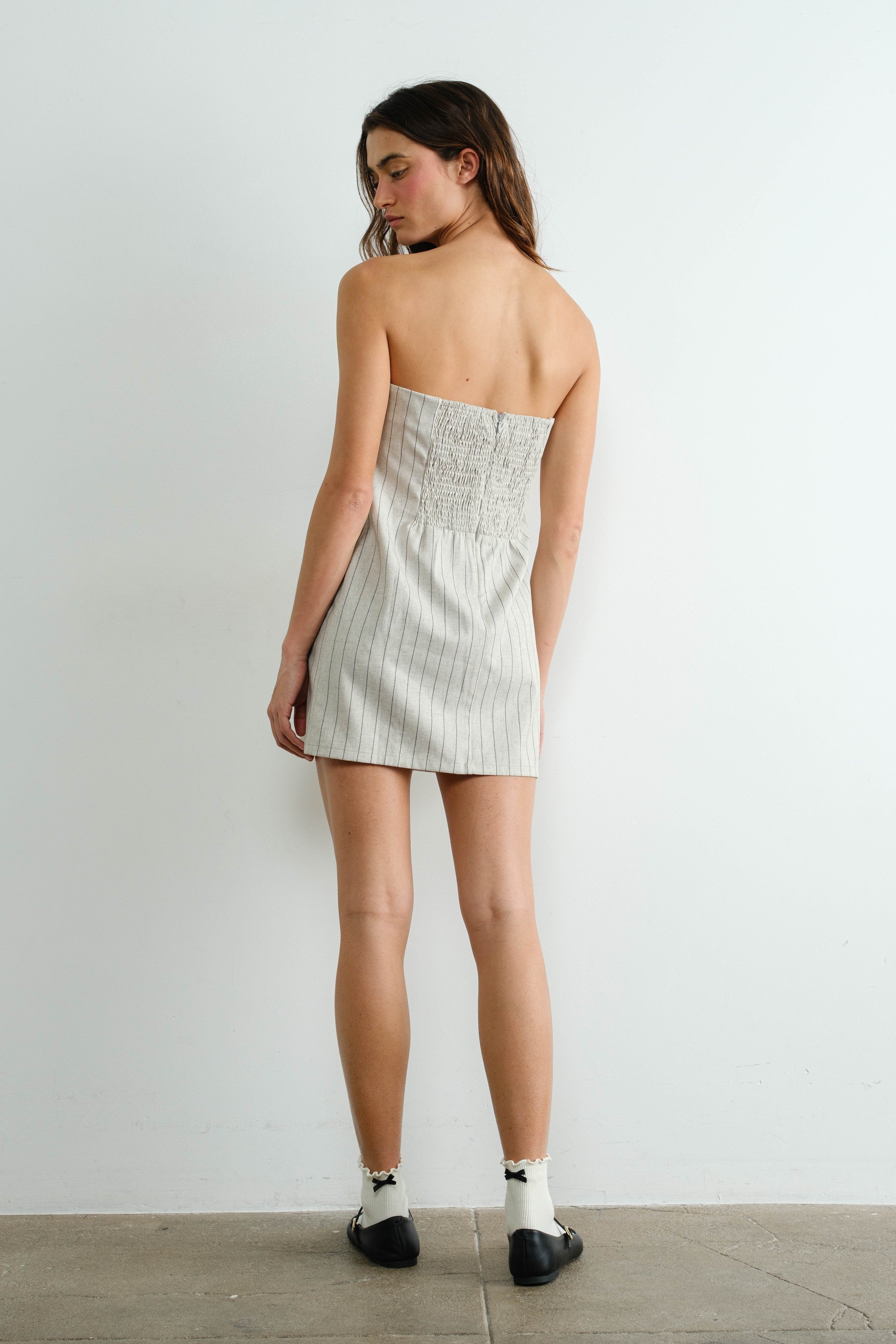 Striped Linen Tie Bow Smocked Mini Dress