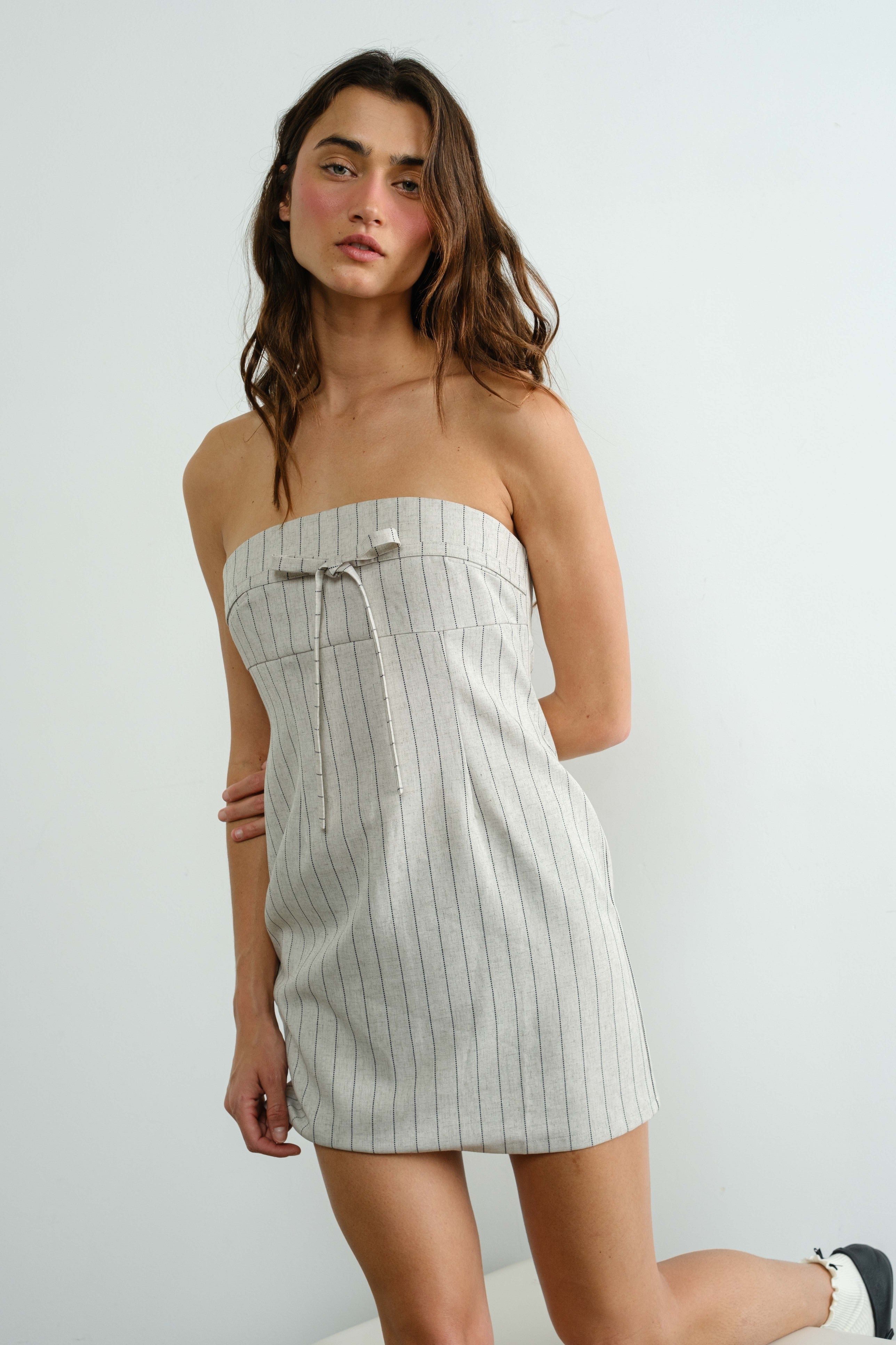 Striped Linen Tie Bow Smocked Mini Dress