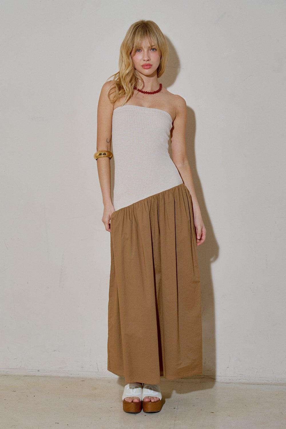 Beige Mocha Knit Contrast Asymmetrical Draped Tube Dress | Collective  Request