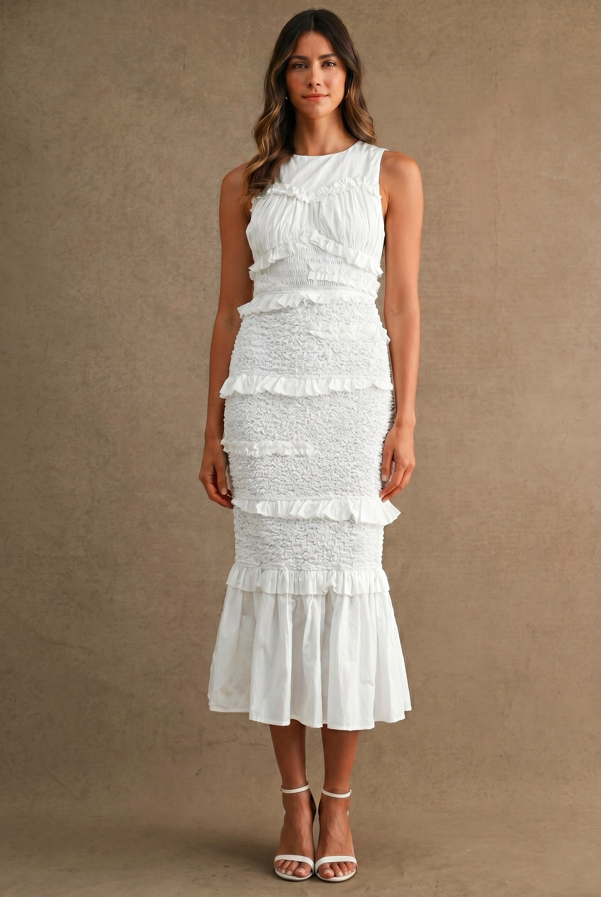 Ruffled Popcorn Smocked Mermaid Midi Dress