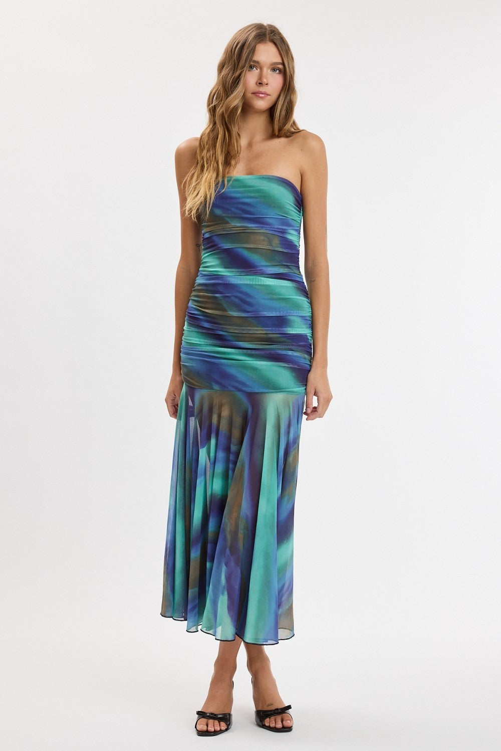 ruched dress tie dye Tie Dye Print Crossover Halter Neck Ruched Slim Vacation Maxi Dresses-Blue