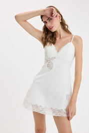 White Linen Floral Lace Accent Cocktail Mini Dress