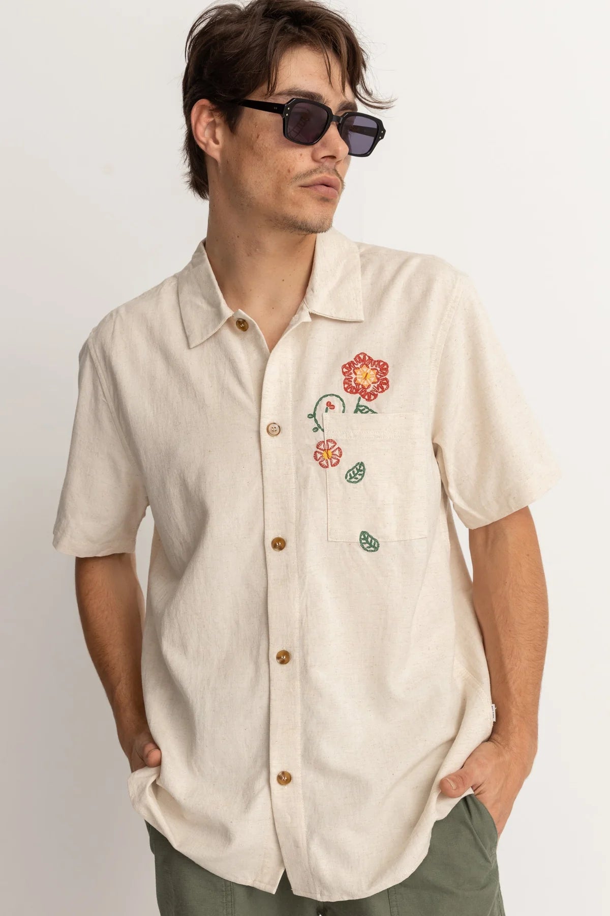 Flower Embroidery Ss Shirt Natural | Men Collective
