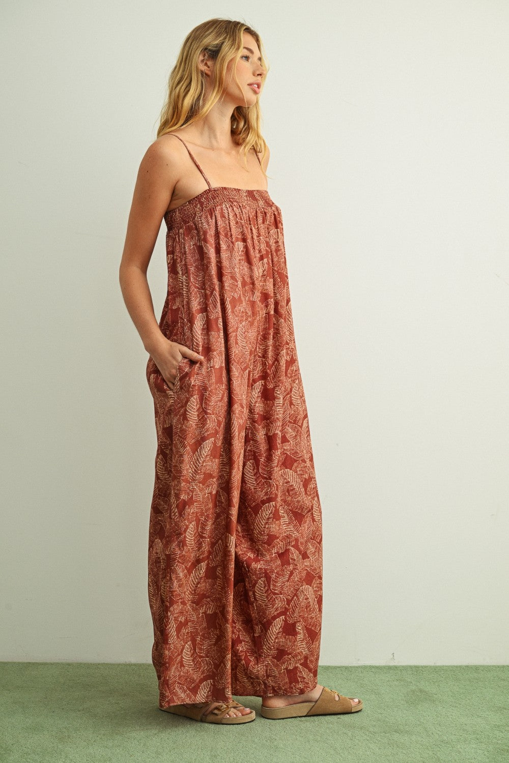Leaf Printed Loose Jumpsuit