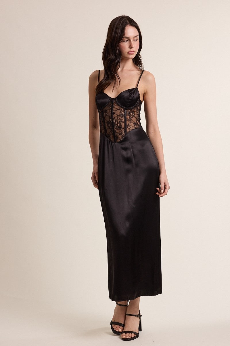 See-through Black Floral Lace Satin Midi Dress