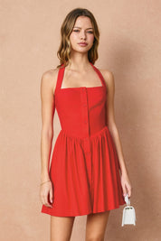 Red Linen Dipped Waist Mini Dress