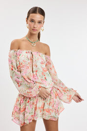 Red Vibrant Floral Off-shoulder Long Sleeve Mini Dress