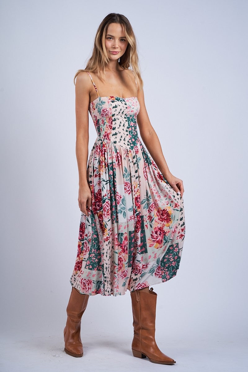 Floral Patch Print Sleeveless Smocked Midi Dress