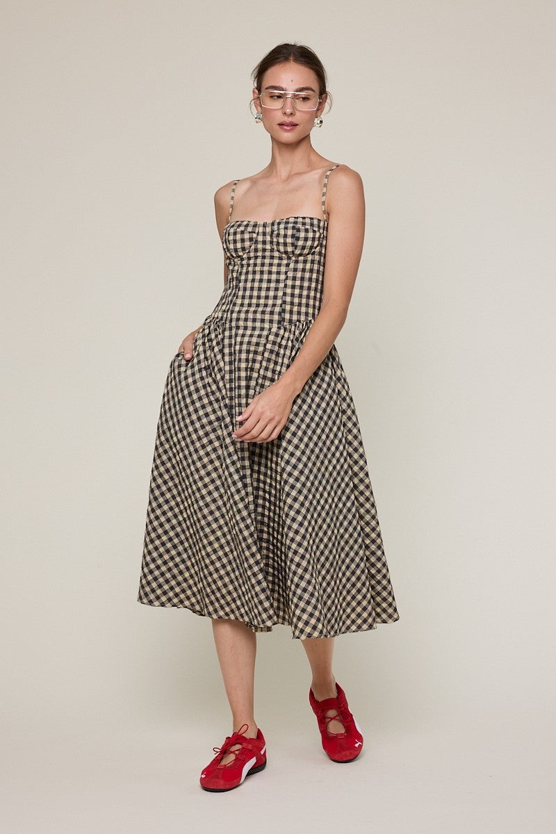 Checker Underwire Sleeveless Long Midi Dress