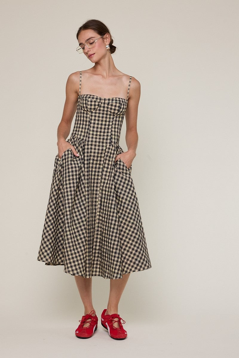 Checker Underwire Sleeveless Long Midi Dress