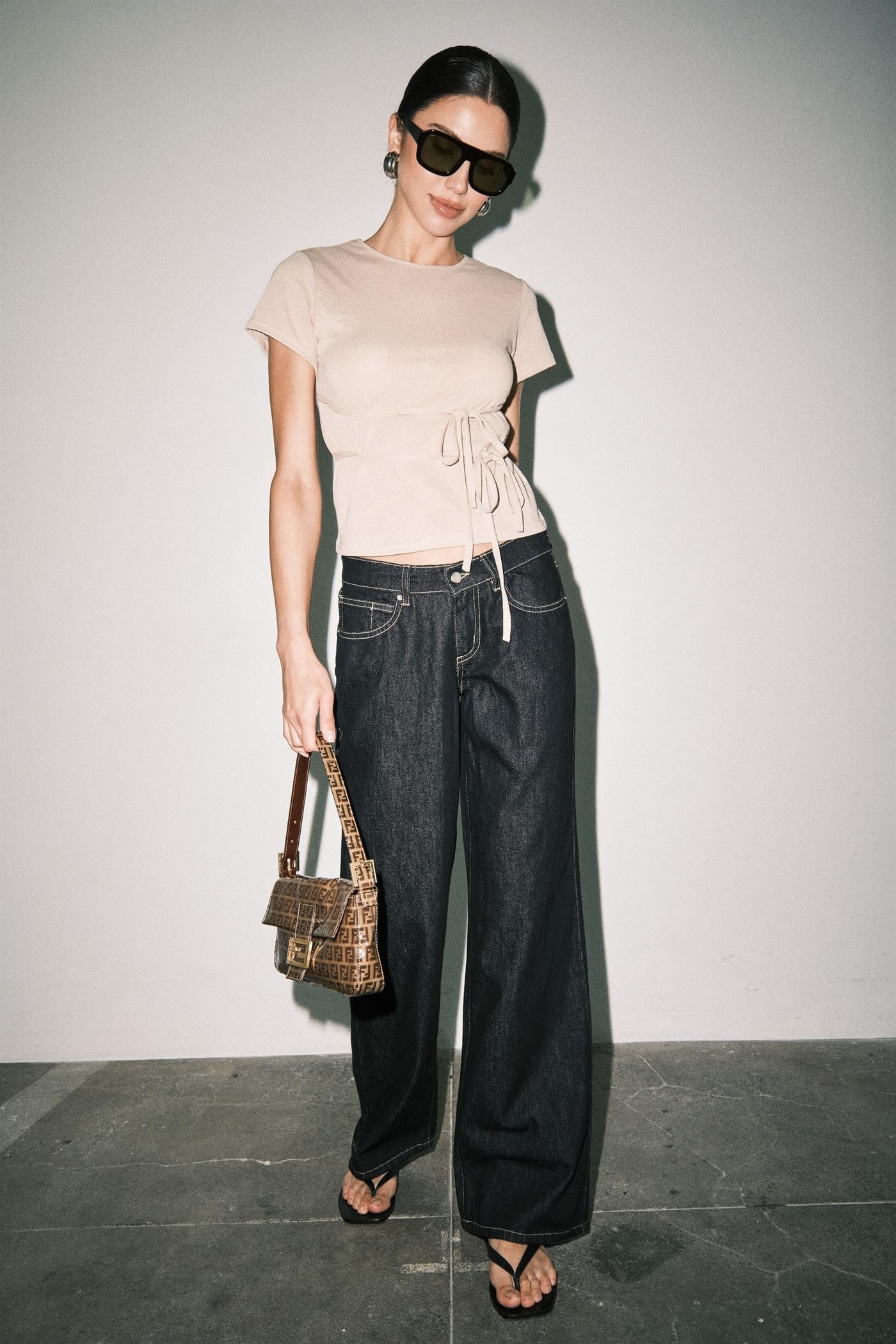 Tan Amber Fine Knit Tie Waist Short Sleeve Tee Top