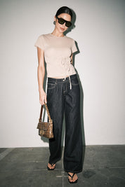 Tan Amber Fine Knit Tie Waist Short Sleeve Tee Top