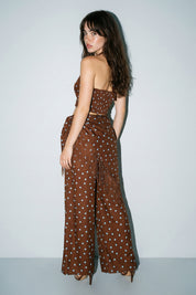 Brown Polka Dot Halter Top And Fringe Pants Set