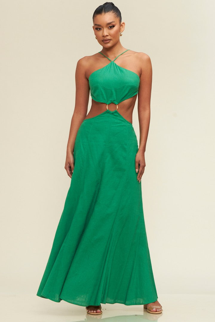 Kelly Green Ring Linen Maxi Dress