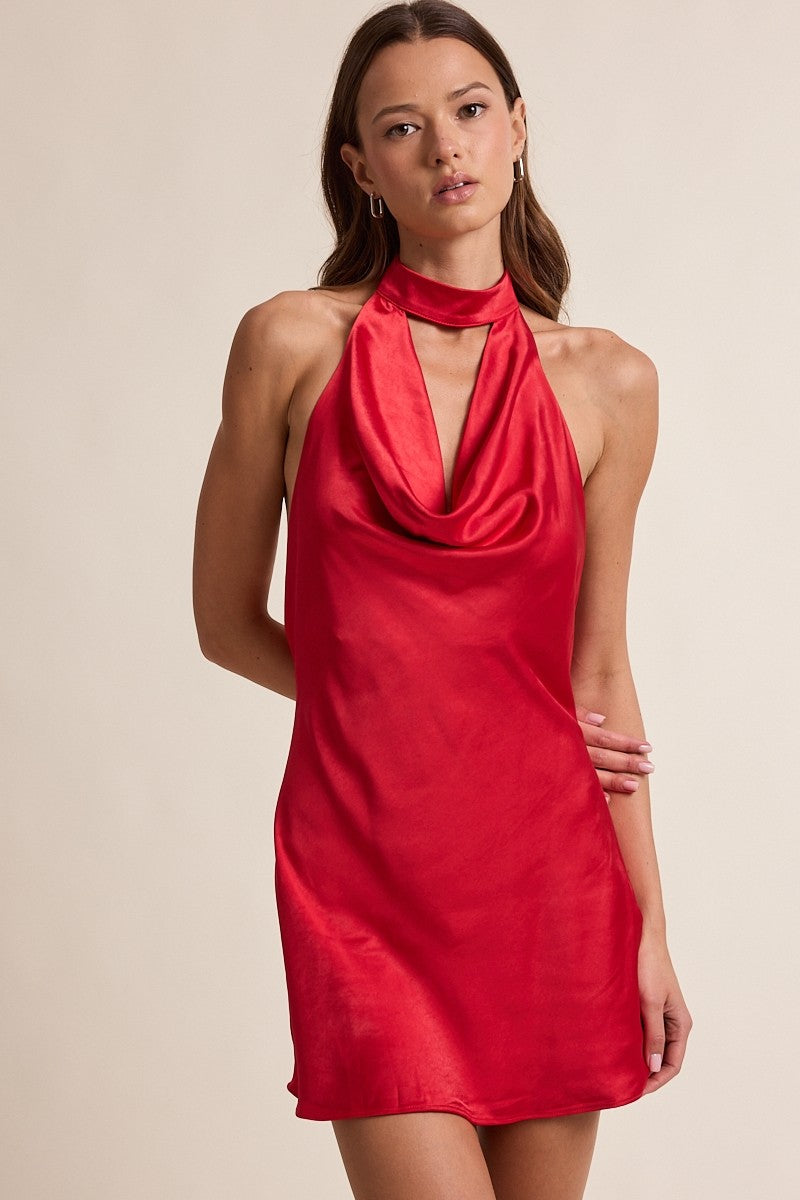 Red Holiday Satin Mock Cowl Neck Open Back Mini Dress
