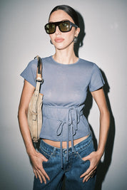 Navy Amber Fine Knit Tie Waist Short Sleeve Tee Top