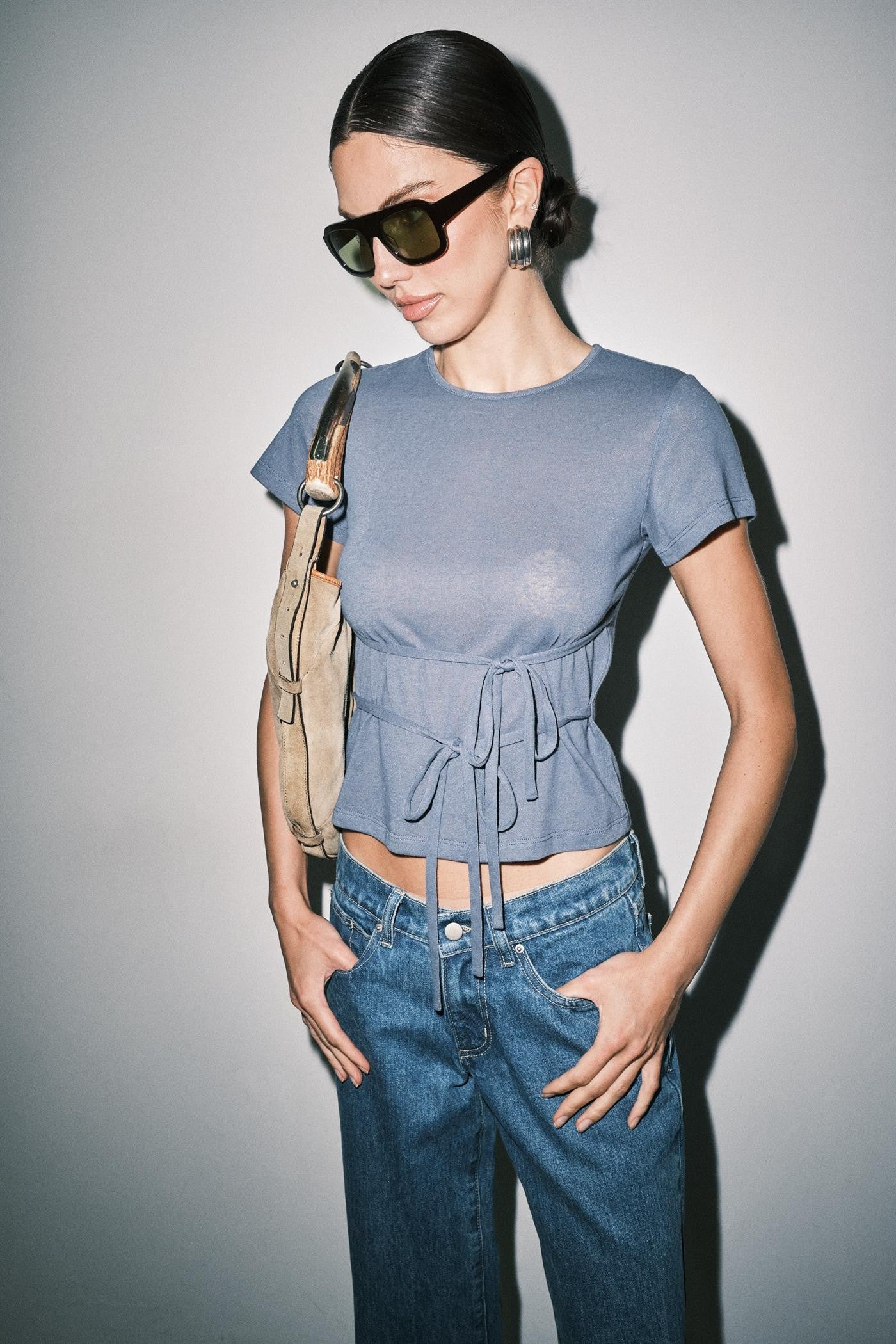 Navy Amber Fine Knit Tie Waist Short Sleeve Tee Top