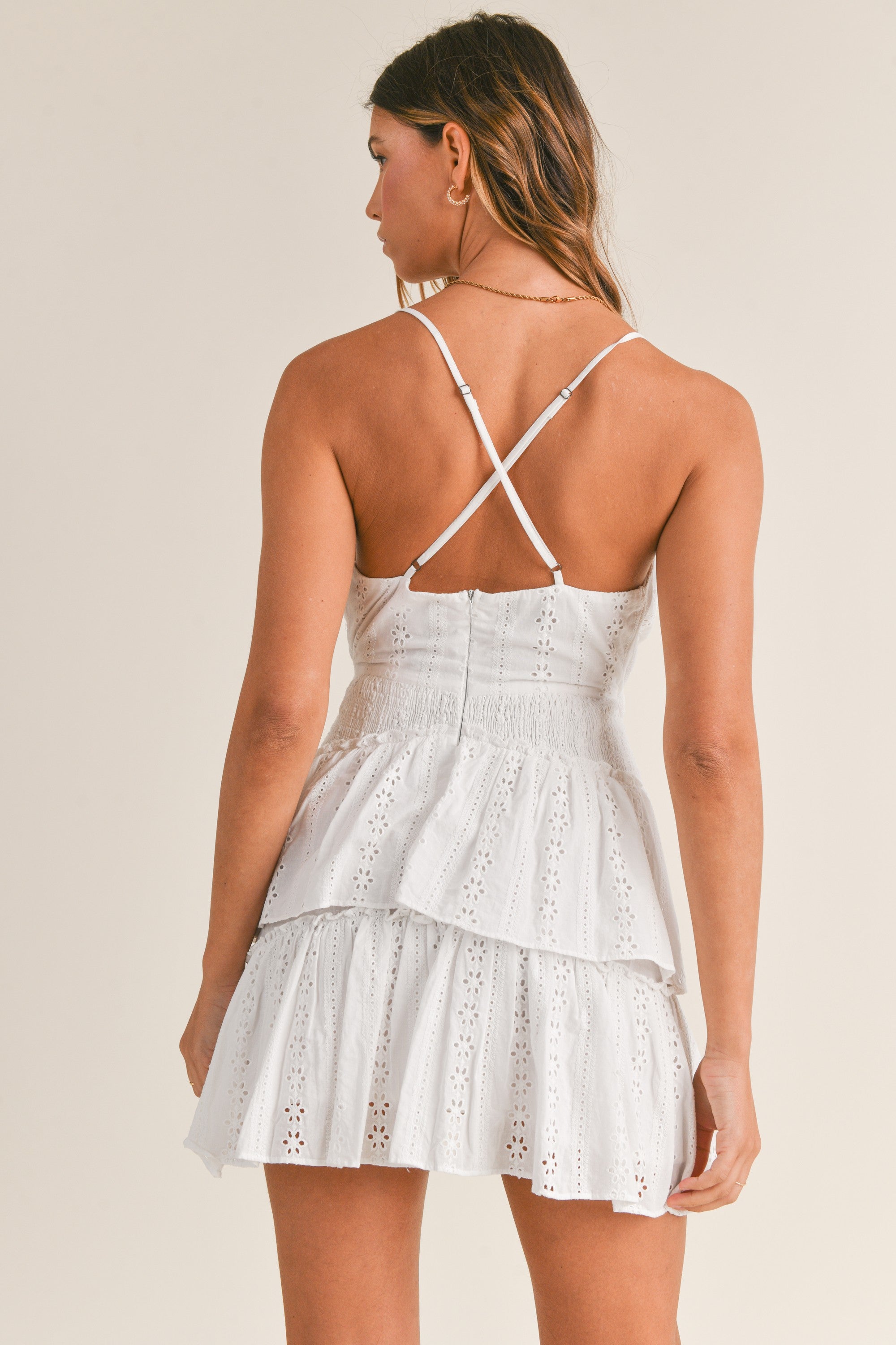 White Lace Eyelet Ruffle Mini Dress | Collective Request 