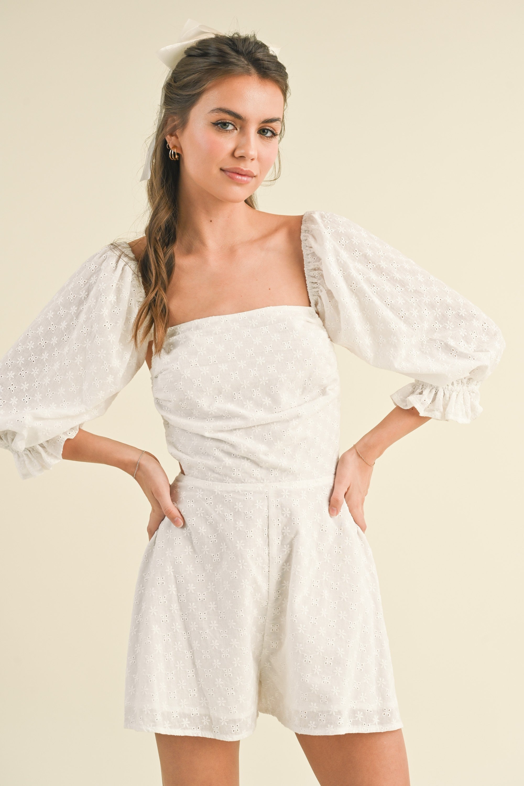 White Bubble Sleeve Eyelet Romper with Open Back | Collective Request 