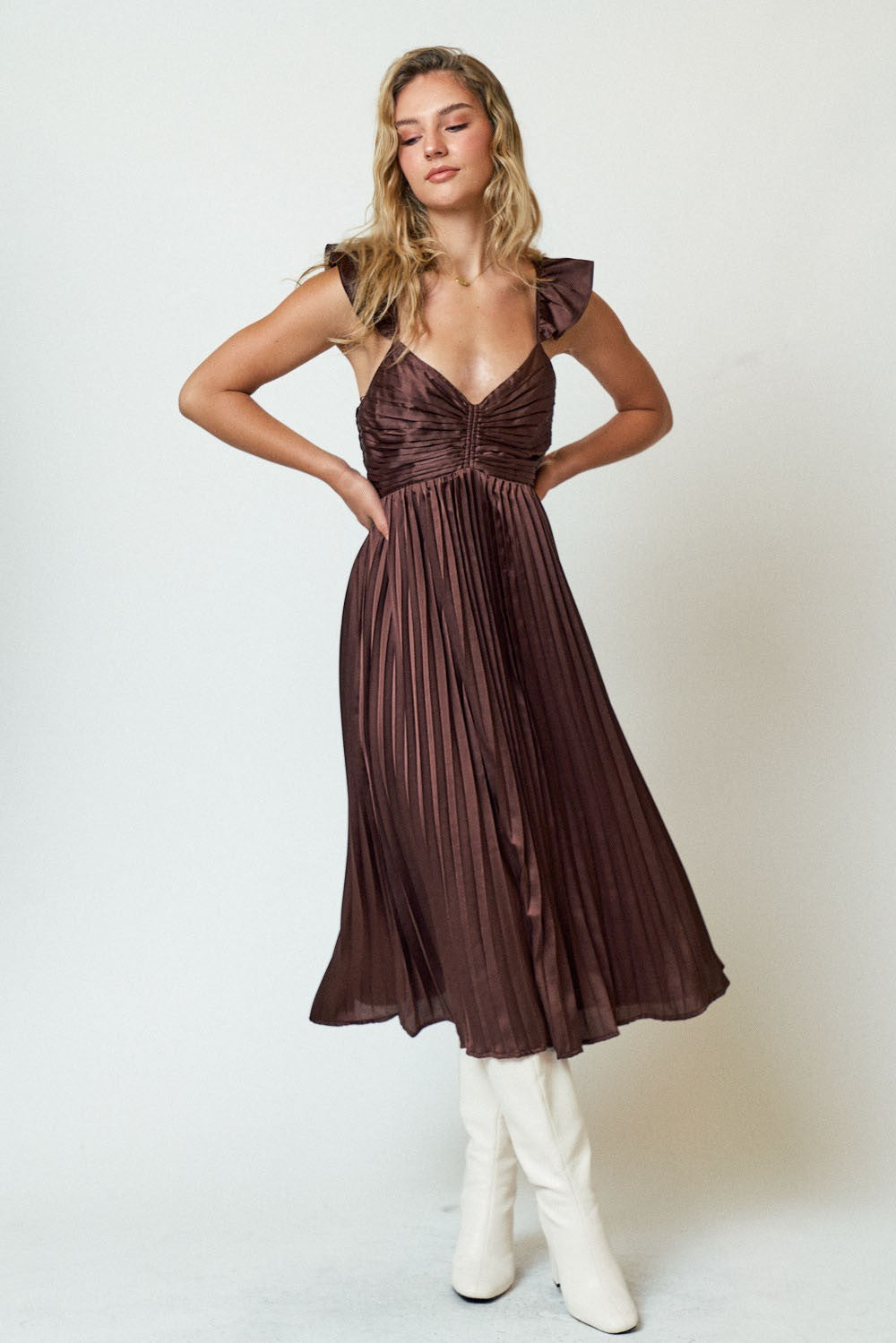 Brown Pleated Satin Maxi Dress | Collective Request 