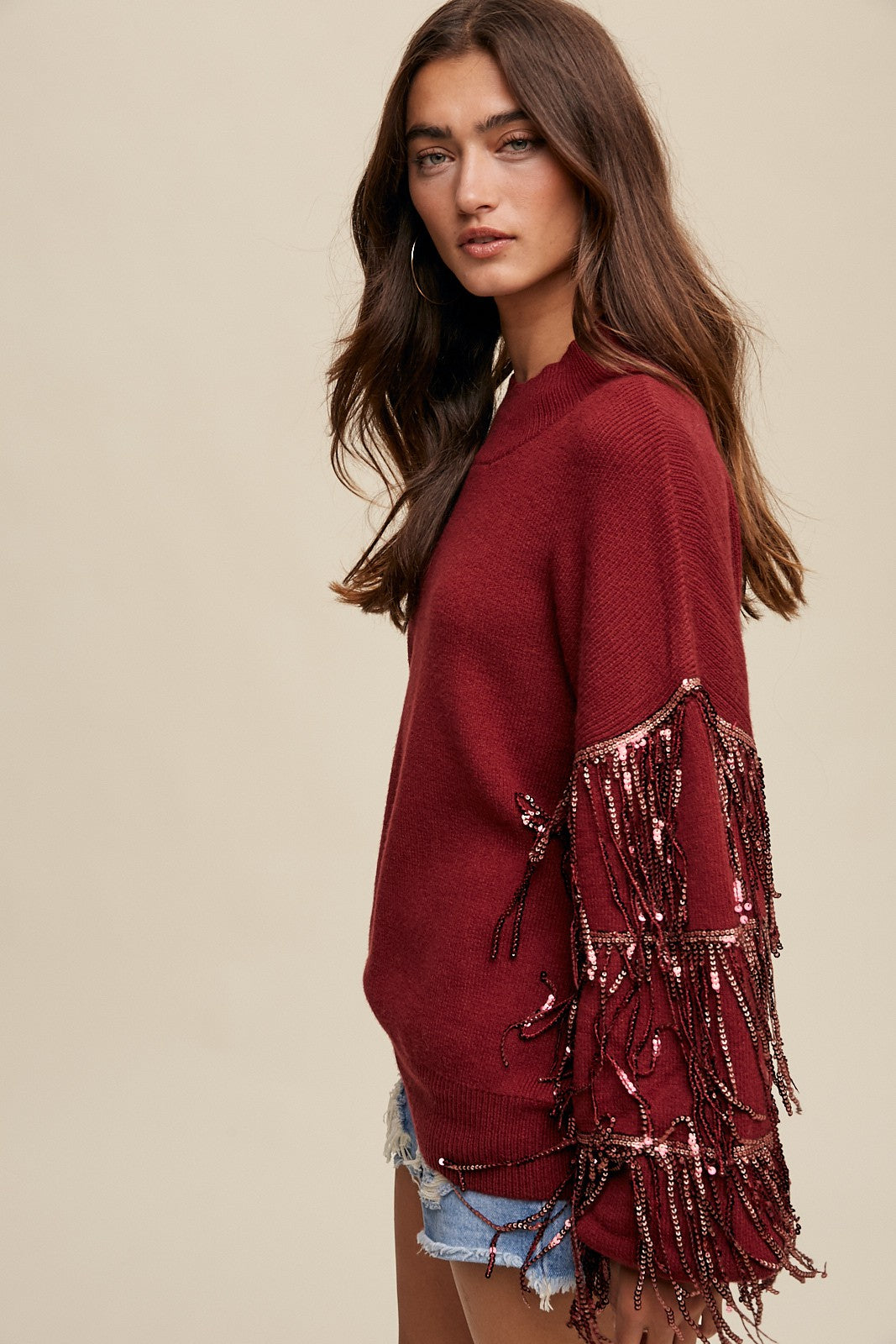 Wine Knit Sweater with Fringe Sequin Sleeves