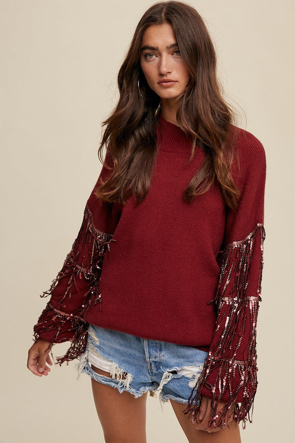 Wine Knit Sweater with Fringe Sequin Sleeves