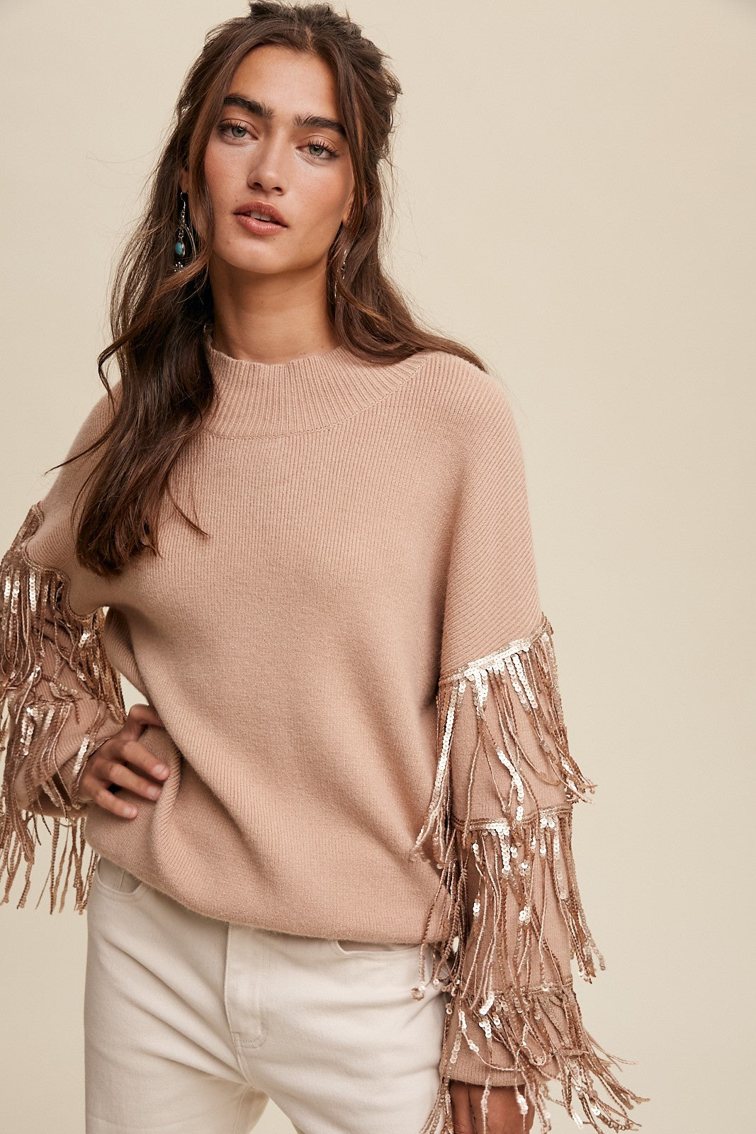 Gold Knit Sweater with Fringe Sequin Sleeves | Collective Request 