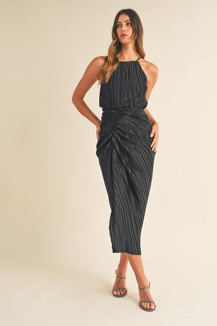 Ruched Pleated Midi Dress with Slit Detail | Collective Request 