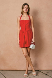 Red Linen Dipped Waist Mini Dress