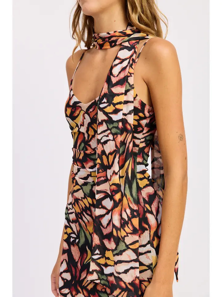 Butterfly Maxi Mesh Dress With Scarf Detail