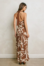 Abstract Contrast Bind Halter Maxi Dress