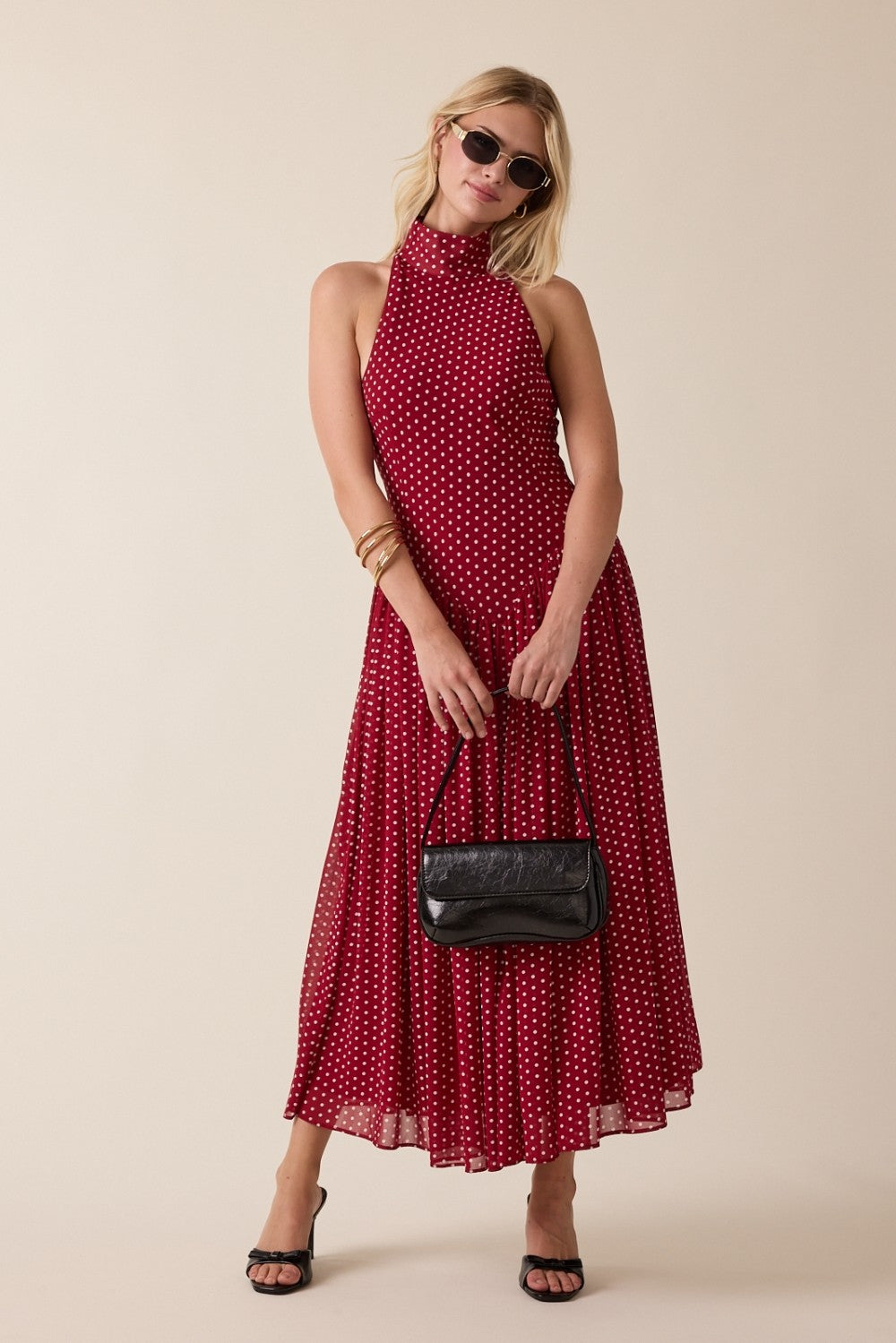 Ditsy Polka Dot Mock Neck Fit & flare Midi Dress