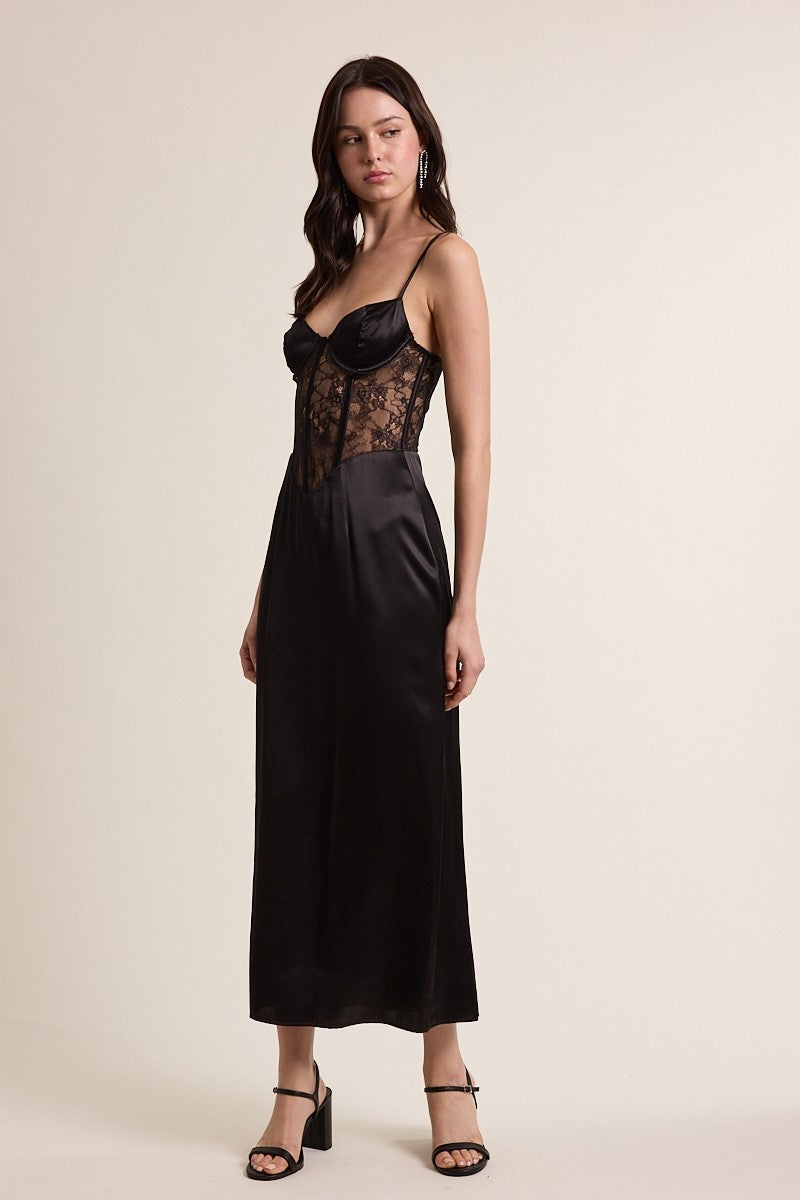 See-through Black Floral Lace Satin Midi Dress