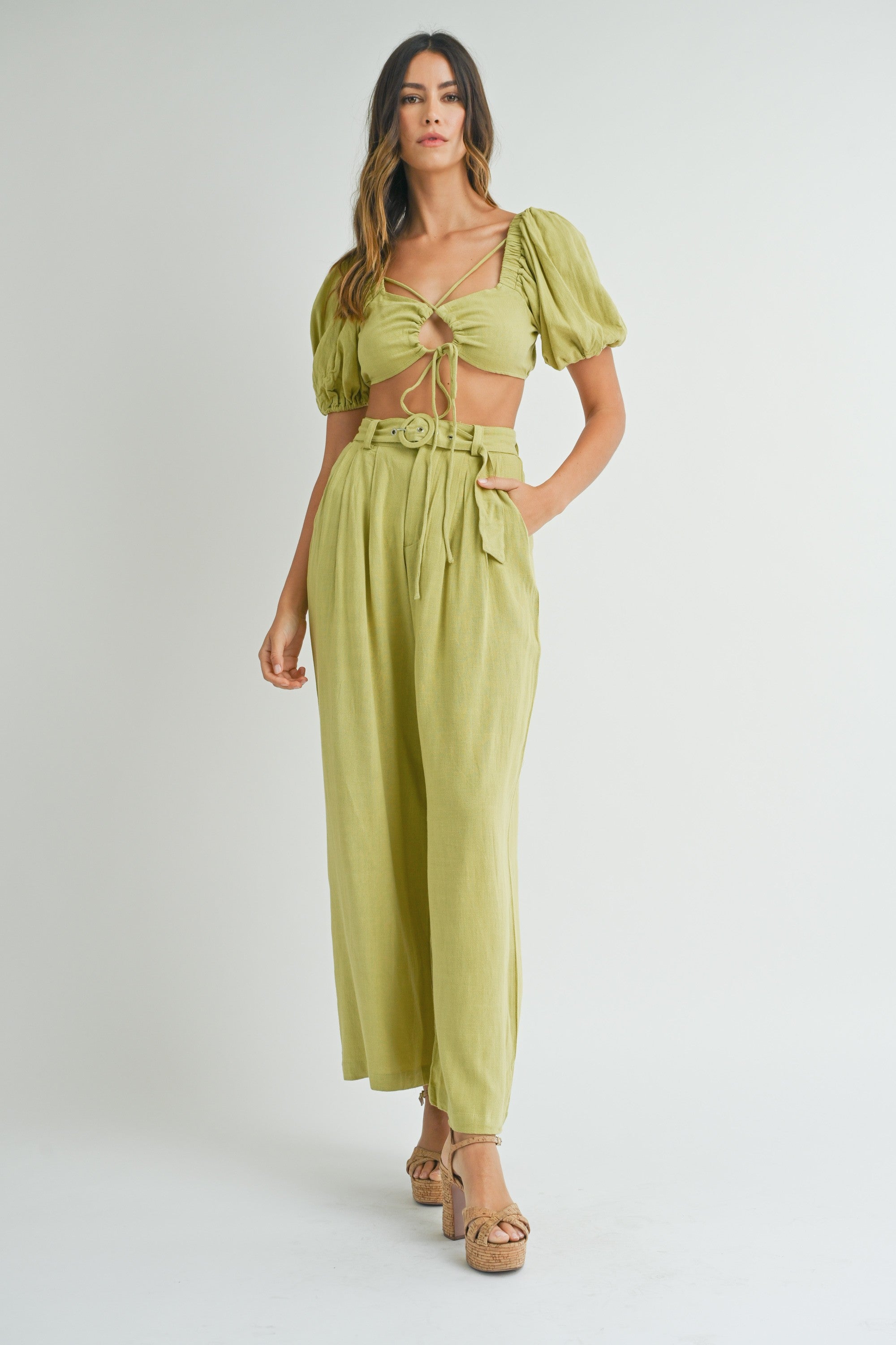 Cut Out Drawstring Crop Top Belted Pants Set | Collective Request 