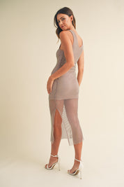 Sheer Rhinestone Mesh Sleeveless Midi Dress