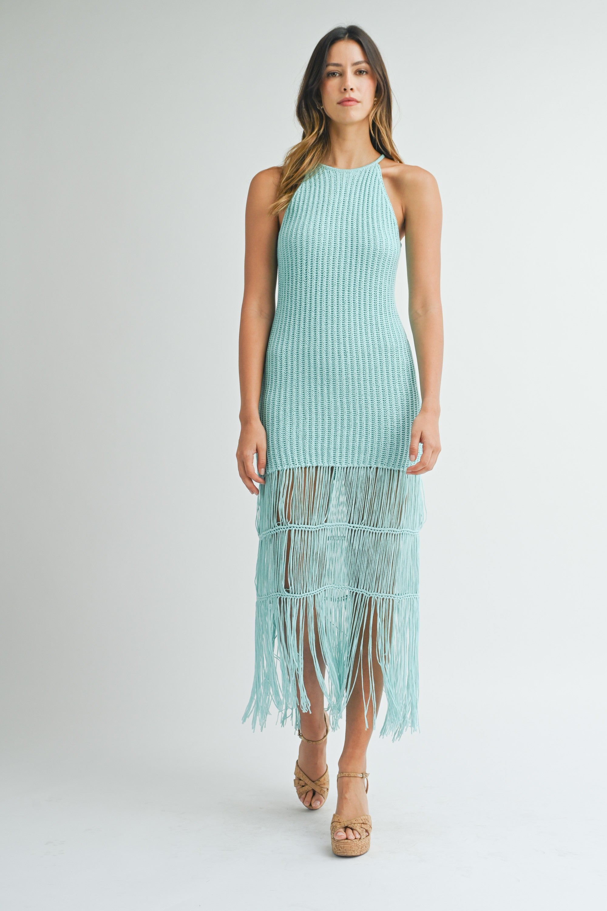 Aqua Crochet Knit Halter Fringe Midi Dress | Collective Request 