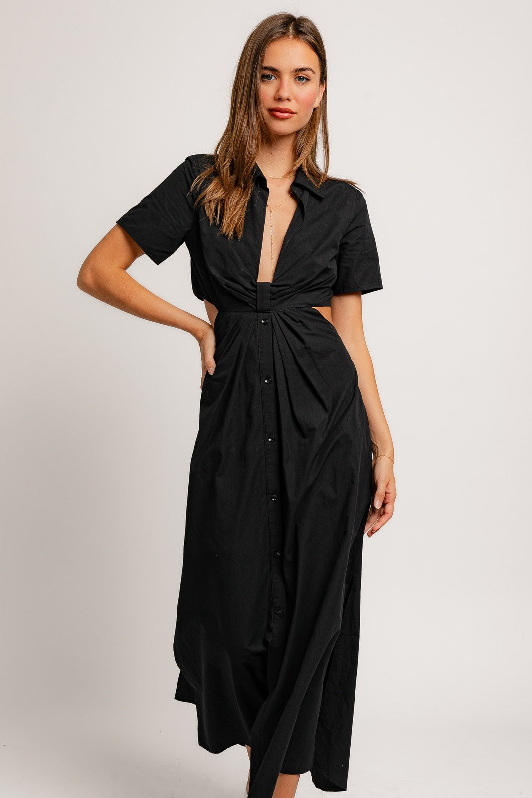 Collared Short Sleeve Cut Out Shirt Dress