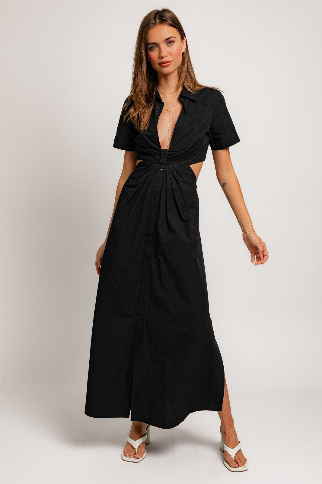 Collared Short Sleeve Cut Out Shirt Dress