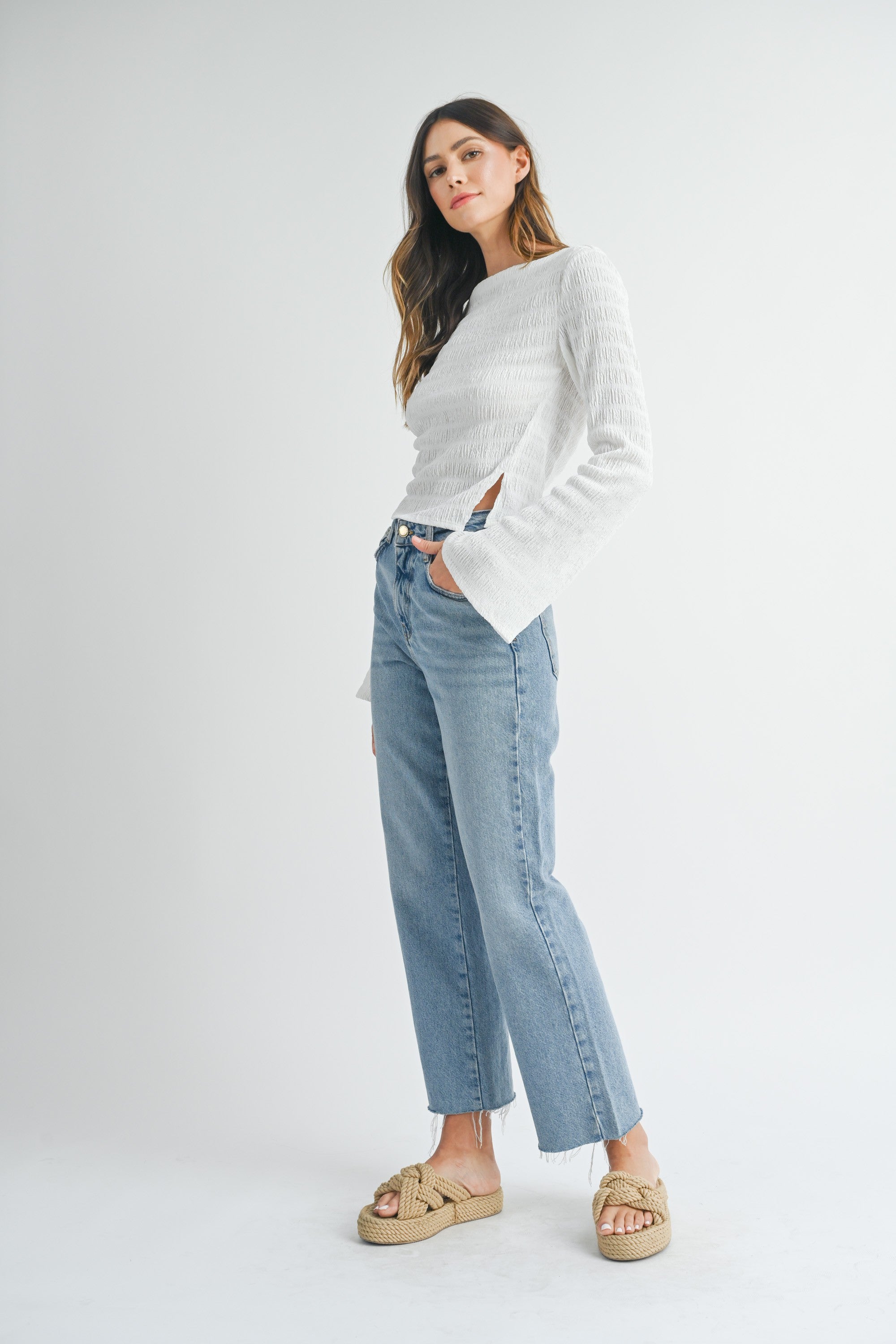 Textured Side Slit Boat Neck Top | Collective Request 