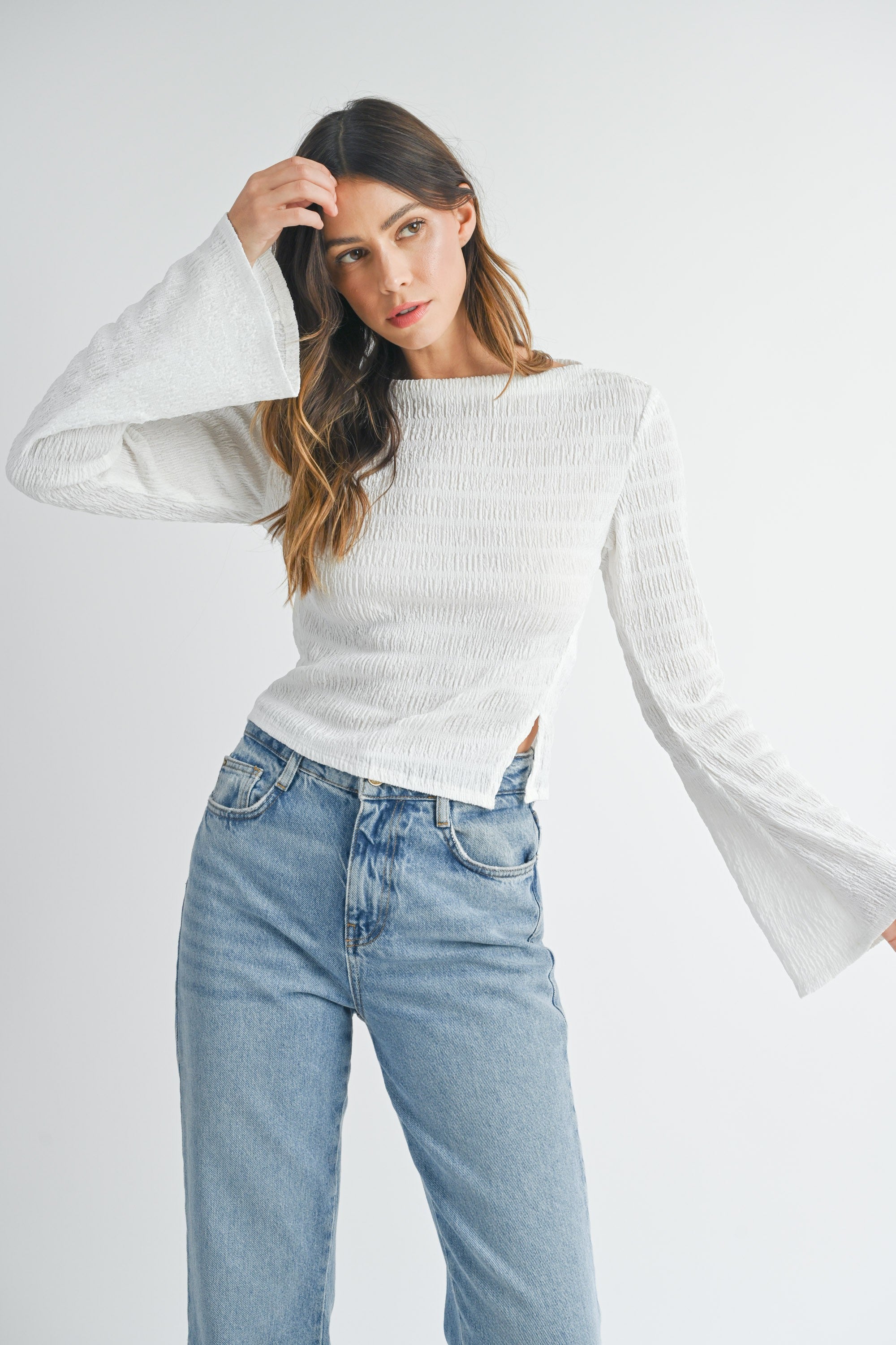 Textured Side Slit Boat Neck Top | Collective Request 