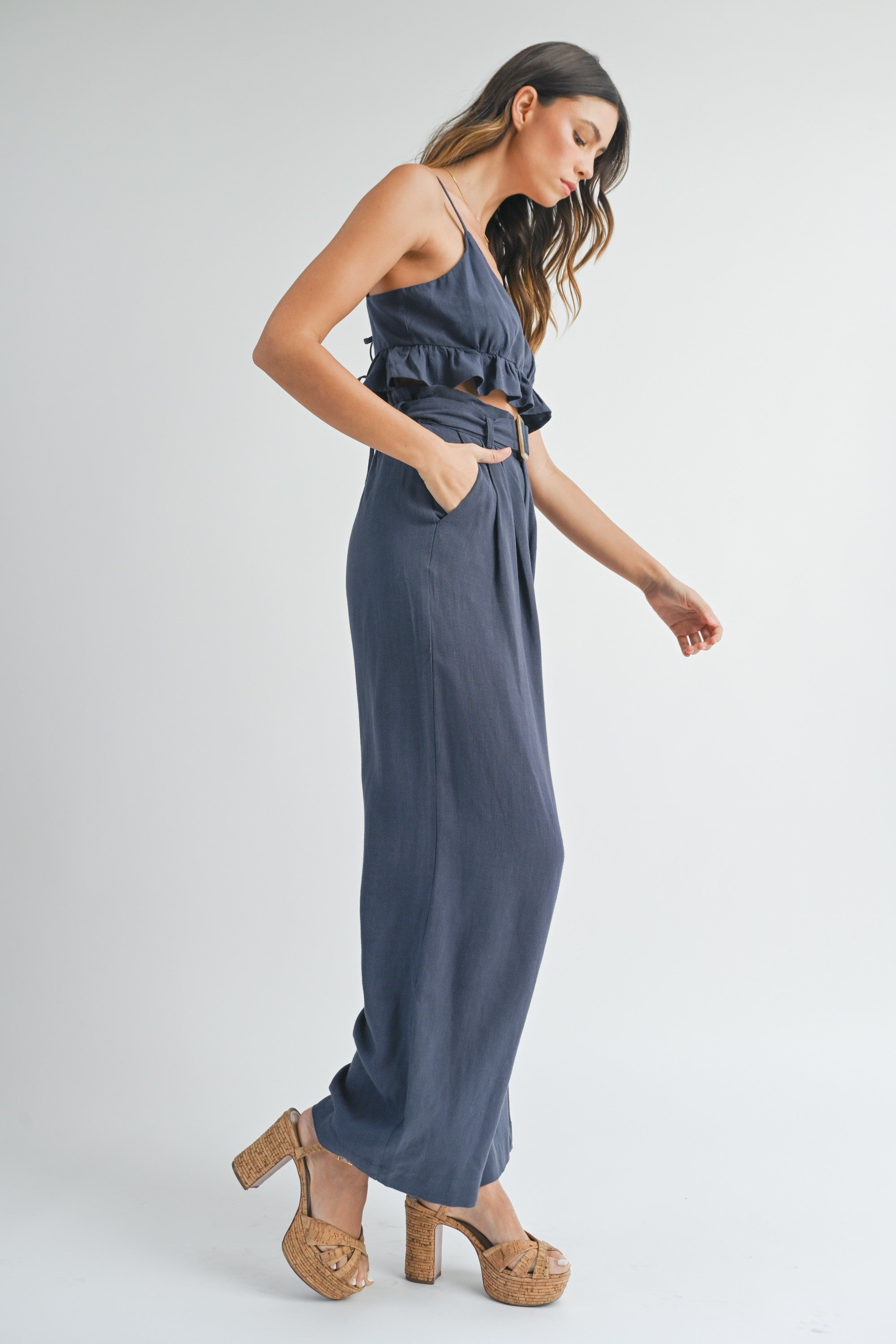 Navy Ruffle Hem Cami Top & Belted Paper Bag Pant Set | Collective Request 