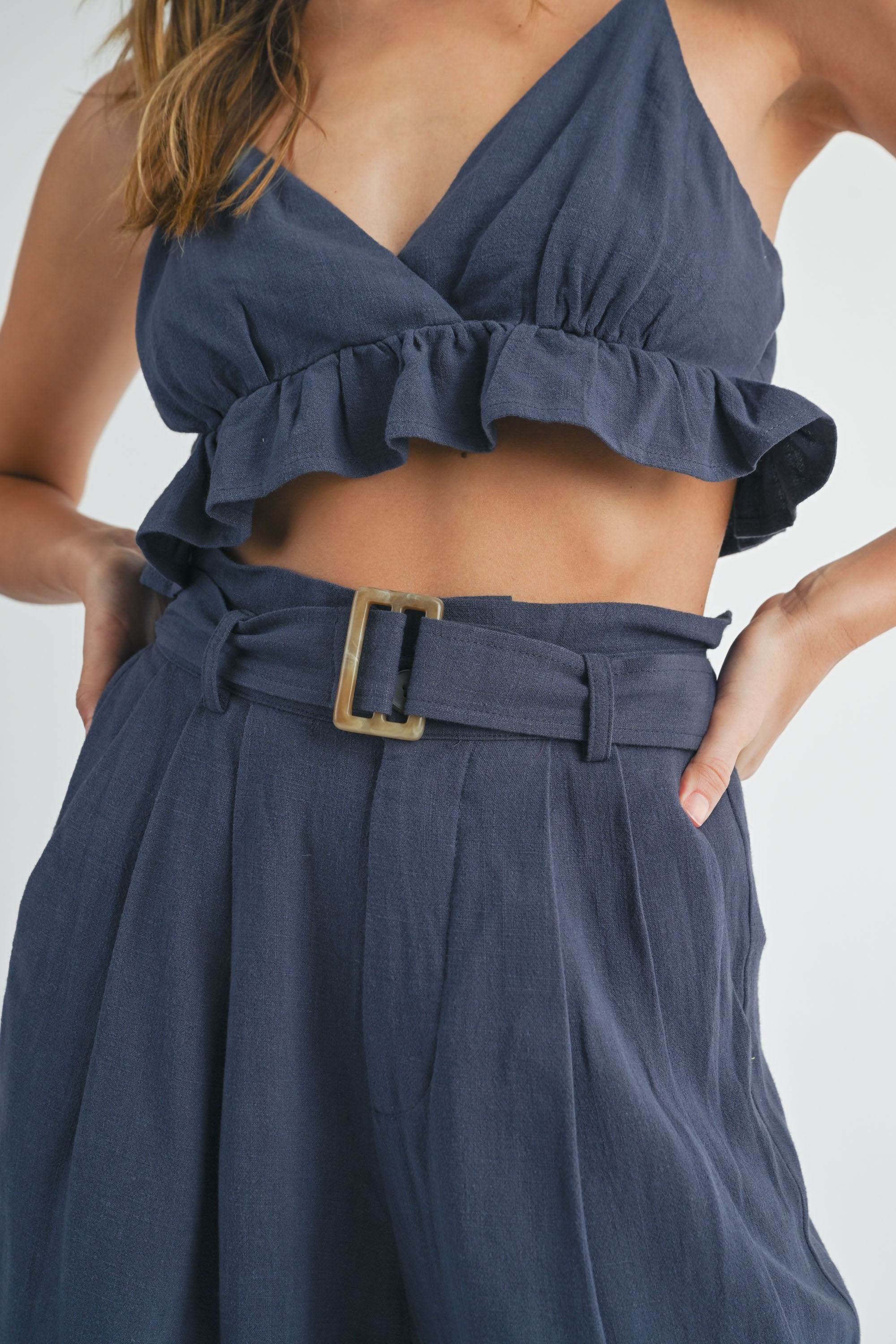 Navy Cami Top & Belted Paper Bag Pants Set | Collective Request 