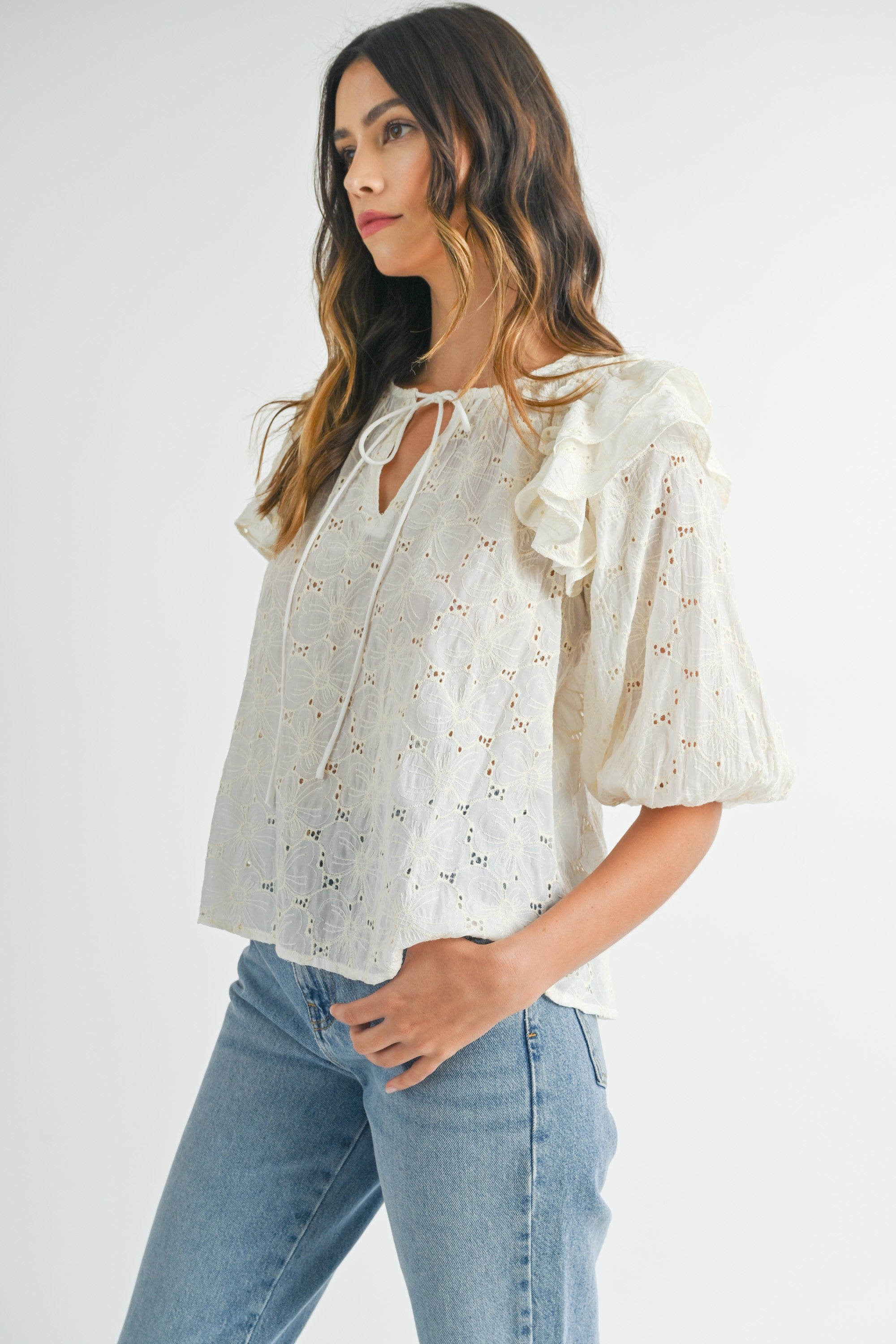 Lace Ruffle Shoulder Puff Sleeve Blouse | Collective Request 